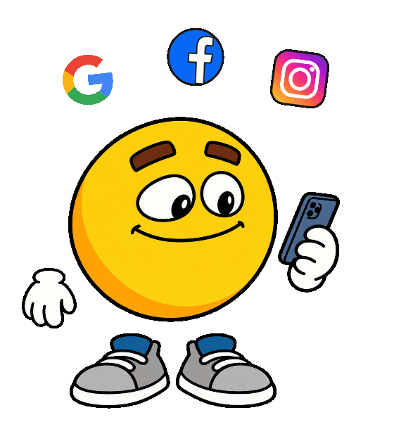 Animated yellow character using a phone beneath Google, Facebook and Instagram icons